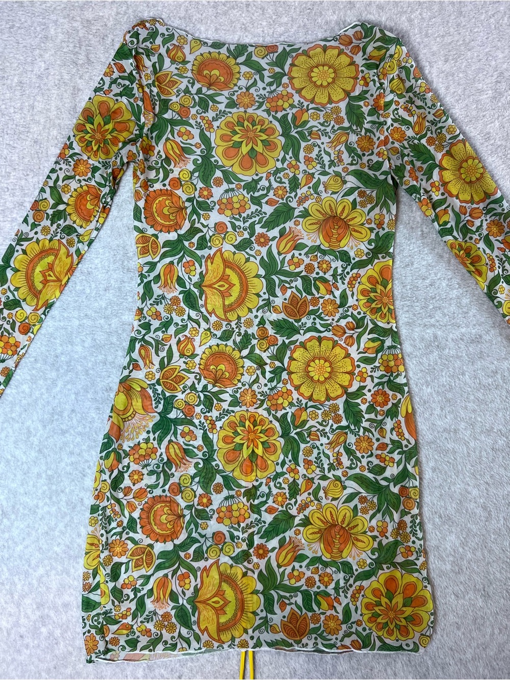 Retro Hippie Mesh Floral Long-Sleeve Mini Sheer Dress Deep V Back - Picture 8 of 14